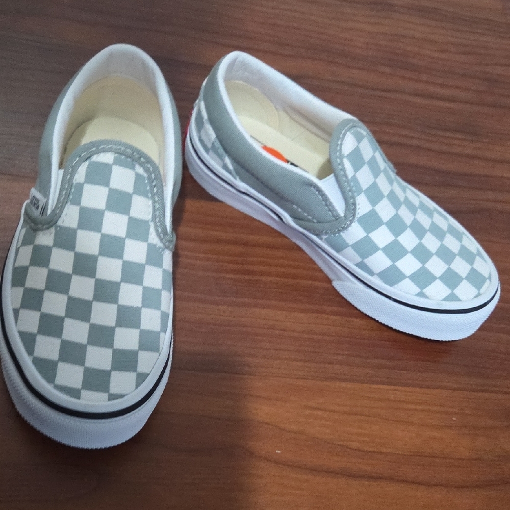 Vans Kids Slip-On Checkerboard Sneakers in Light Gray and White